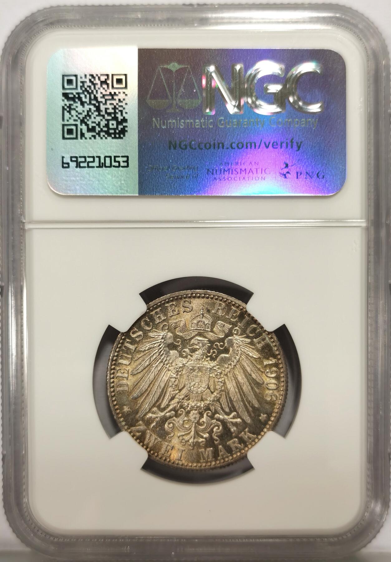 博洋堂世界钱币拍卖第130期（全场包邮） NGC MS67 德国巴登1906年金婚2马克银币 环彩，超级高分！NGC 评级最高分！