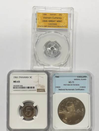 博洋堂世界钱币拍卖第130期（全场包邮） - CSIS-GREAT MS67 越南1958年2XU、NGC MS65 巴拿马1961年5分、NNC MS70 马绍尔群岛1989年登月5元纪念币3枚一组