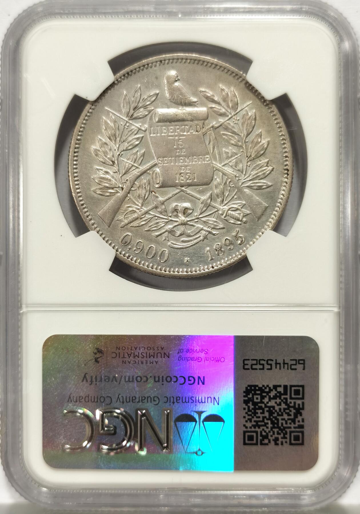 博洋堂世界钱币拍卖第130期（全场包邮） NGC AU 危地马拉1895年坐人女神1比索银币，比1894年少见，拉丁美洲热门品种