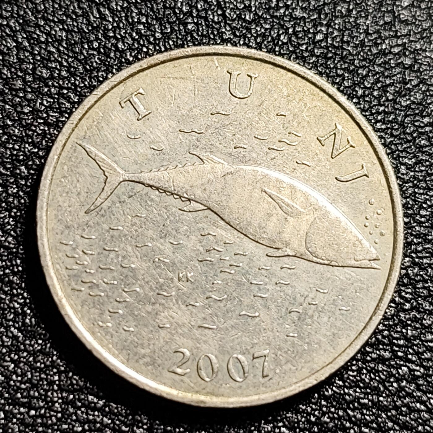 泉币菌-第48场-散币捡漏场 好品 克罗地亚2库纳FAO蓝旗金枪鱼铜镍币 
