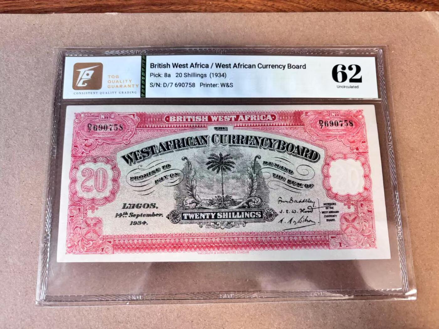 【七百期大拍 拍品火热征集中】✨Blue Auction 世界纸币精拍第693期【精】 英属西非 1934年20先令 TQG62 大票幅 