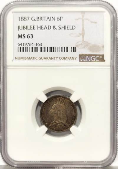 博洋堂世界钱币拍卖第130期（全场包邮） - NGC MS63 英国1887年维多利亚高冠6便士银币，极美五彩包浆