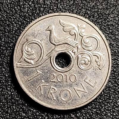 泉币菌-第49场-周末精品场 - 哈拉尔五世小鸟 挪威1克朗圆孔铜镍硬币 21.0毫米 4.3克