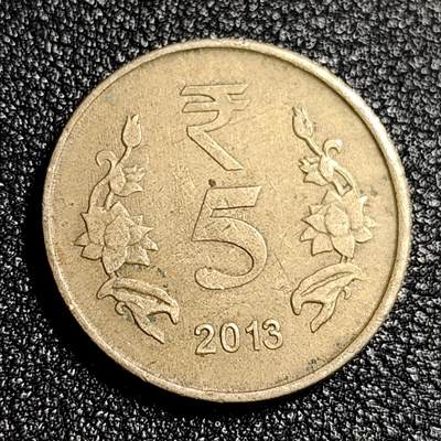 泉币菌-第49场-周末精品场 - 印度 5卢比硬币 直径23mm 阿育王狮子座