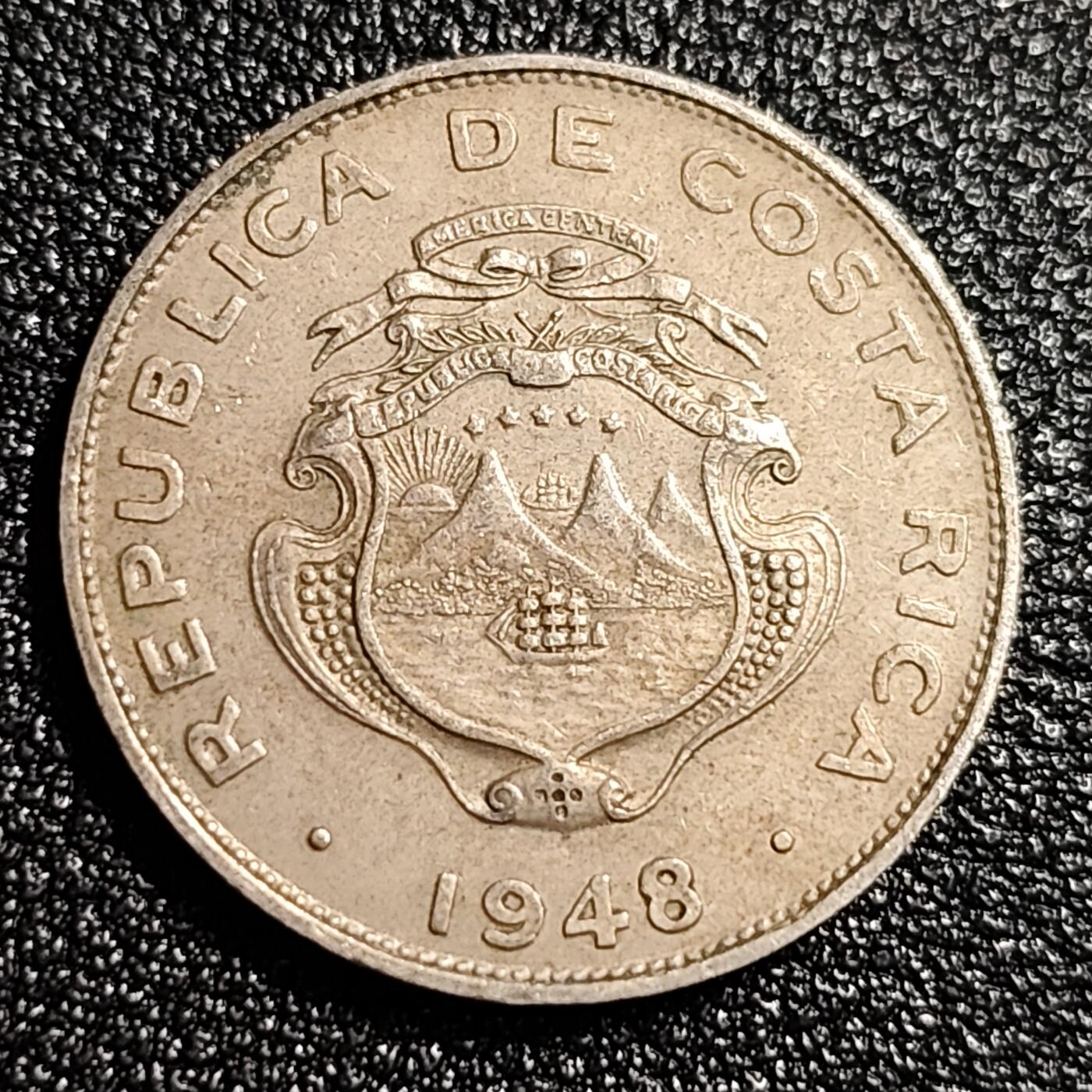 泉币菌-第49场-周末精品场 年份少见 1948年哥斯达黎加国徽版25铜镍币 BNCR版 23MM 