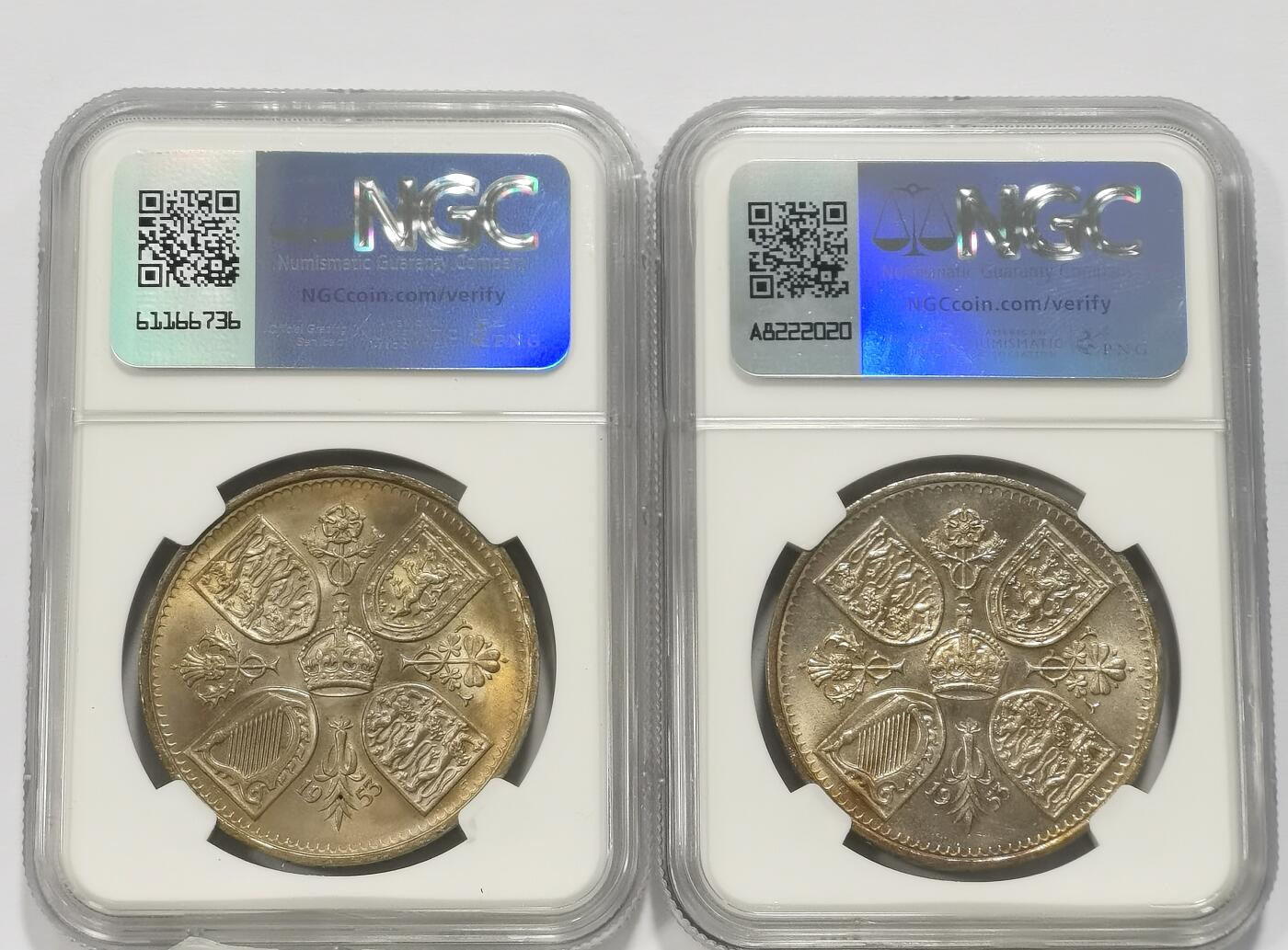 博洋堂世界钱币拍卖第130期（全场包邮） NGC MS64 英国1953年伊丽莎白二世登基纪念克朗2枚一对