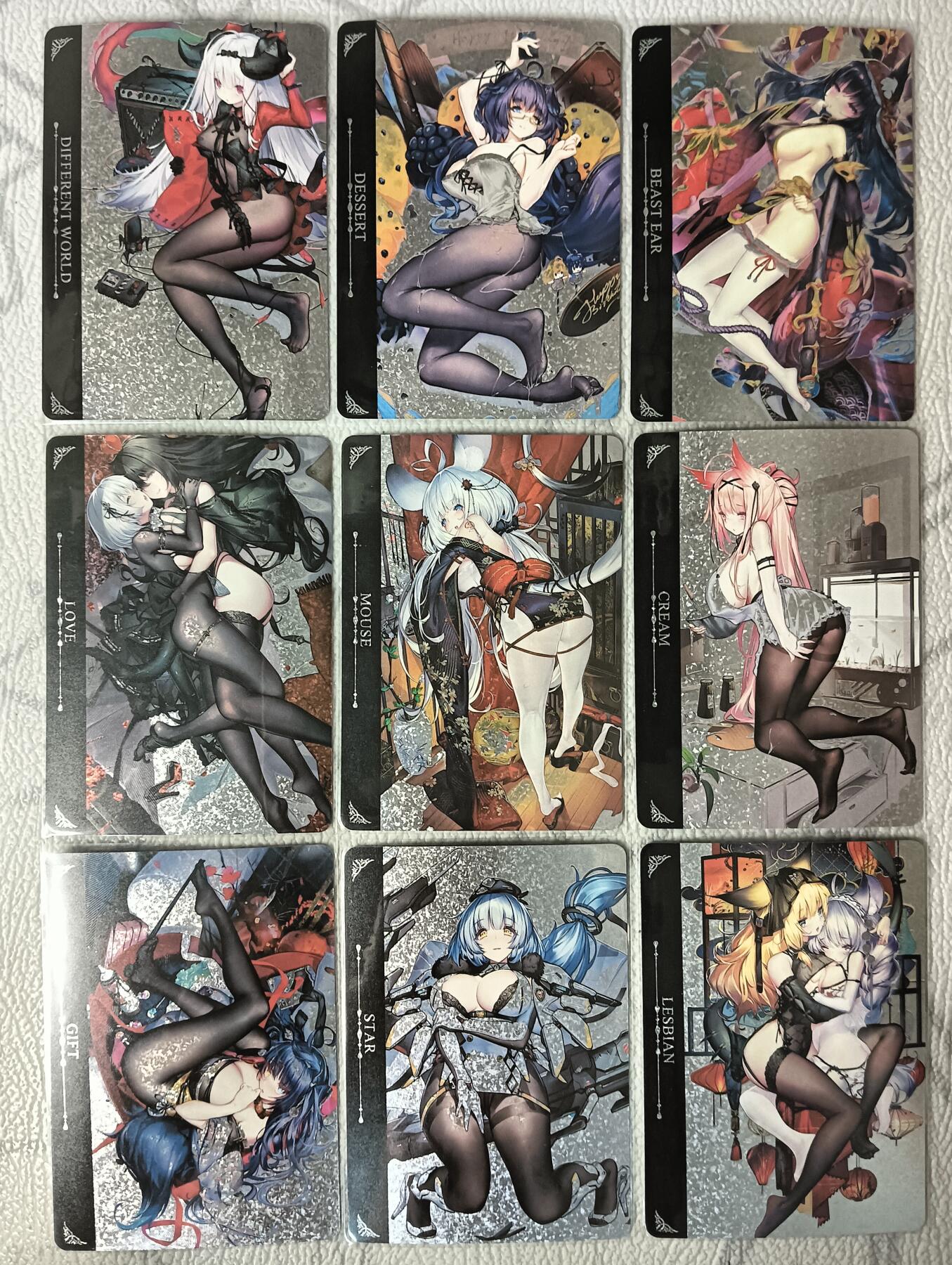 花开卡拍第30期（7月13号周日截拍，品控勿拍!!!拍品不寄存，运费5元，自制卡难免瑕疵，可能存在轻微撞角爆边等出厂瑕疵，品控介意勿拍！） 驴歪歪卡牌 长腿黑丝妹卡一套9张 折光钻闪