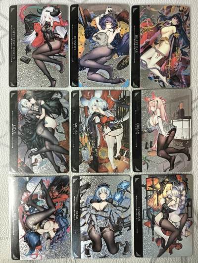 花开卡拍第30期（7月13号周日截拍，品控勿拍!!!拍品不寄存，运费5元，自制卡难免瑕疵，可能存在轻微撞角爆边等出厂瑕疵，品控介意勿拍！） - 驴歪歪卡牌 长腿黑丝妹卡一套9张 折光钻闪