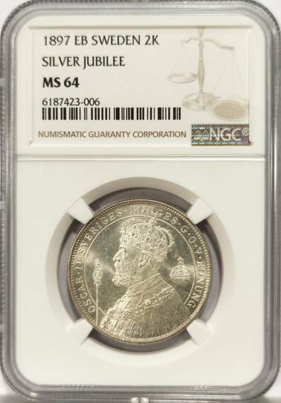 博洋堂世界钱币拍卖第130期（全场包邮） - NGC MS64 瑞典1897年国王加冕2克朗纪念银币