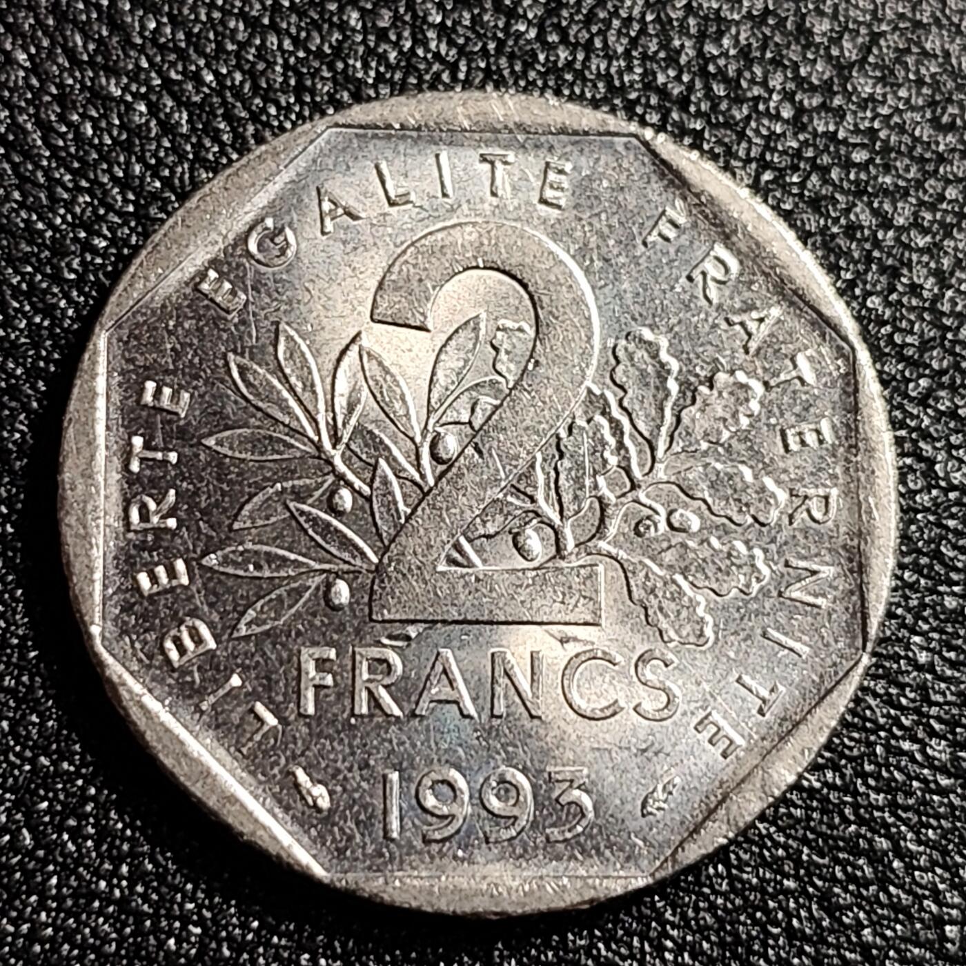 泉币菌-第49场-周末精品场 原光UNC 法国1993年2法郎 让·穆兰纪念镍币26.5mm