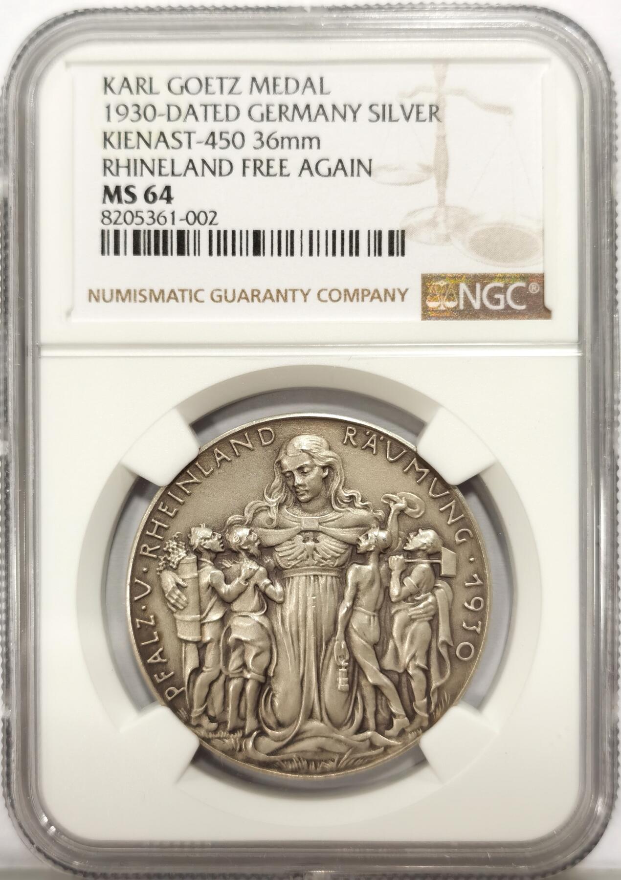 博洋堂世界钱币拍卖第130期（全场包邮） NGC MS64 德国1930年卡尔歌词设计莱茵兰再次回归纪念大银章，河神手持三叉戟与日耳曼尼亚共同再次成为莱茵兰的守护者。