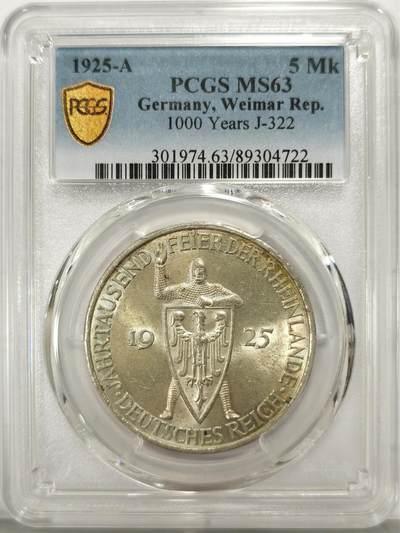 博洋堂世界钱币拍卖第130期（全场包邮） - PCGS MS63 德国魏玛1925年千年莱茵5马克银币，淡淡黄油光，状态极佳。
