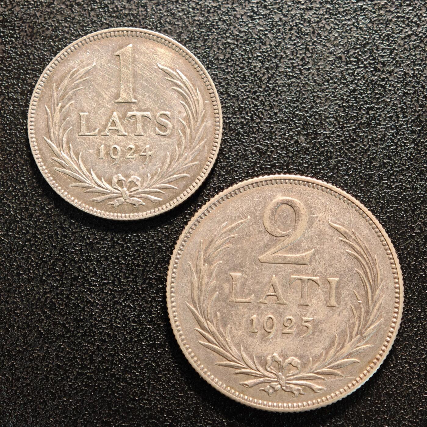 【德藏】世界币章拍卖第137期（拍品征集中~欢迎藏友联系） 1924年 拉脱维亚1拉特银币 及 1925年 拉脱维亚2拉特银币 直径约：22.7mm/1L，27mm/2L，；重约：5g/1L，10g/2L