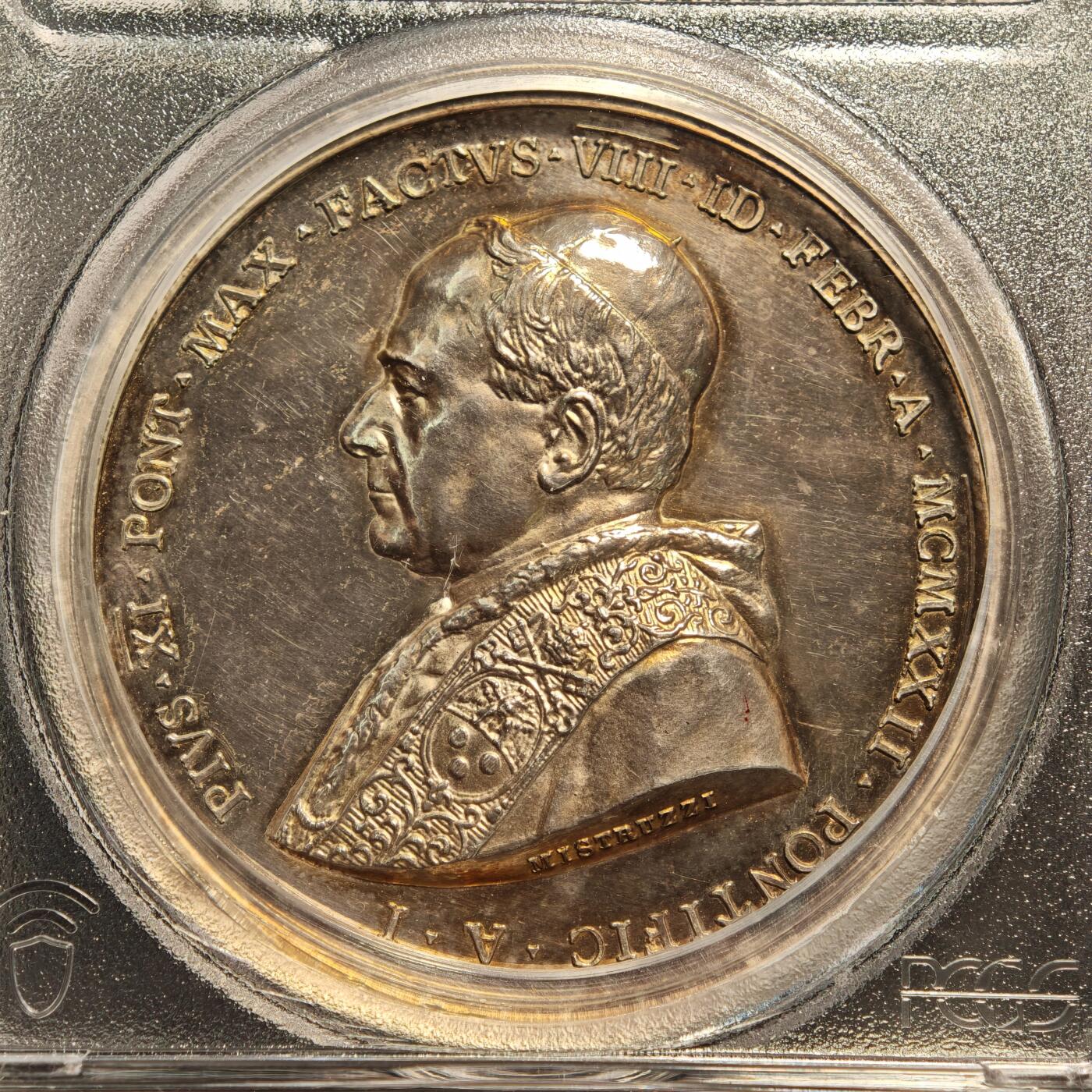 【德藏】世界币章拍卖第137期（拍品征集中~欢迎藏友联系） 1922年 梵蒂冈教皇庇护十一世庆典精制银章 PCGS SP62 庇护十一世发行的银章中人物最多，造型最精美。Spink目录记载发行量仅871枚