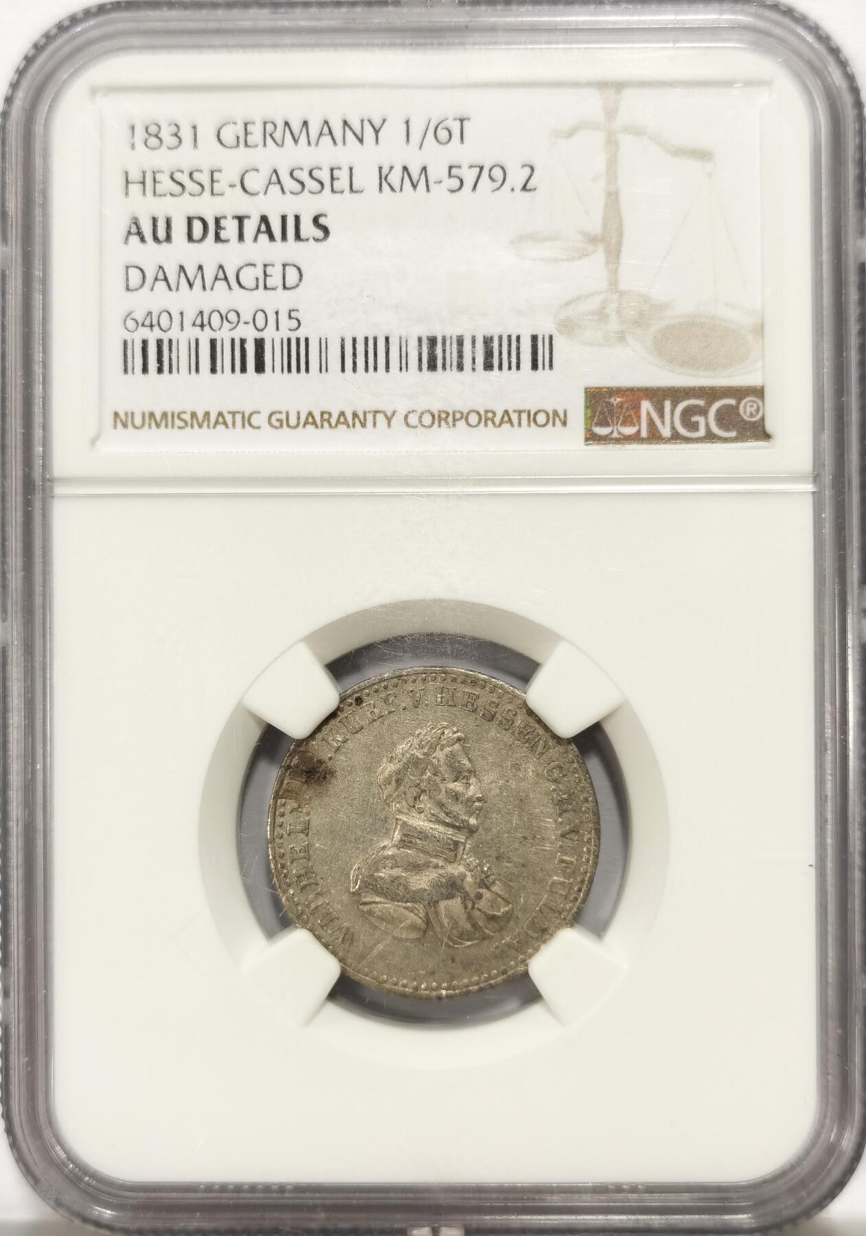 博洋堂世界钱币拍卖第130期（全场包邮） NGC AU 德国黑森-卡塞尔1831年1/6泰勒银币，少见品种