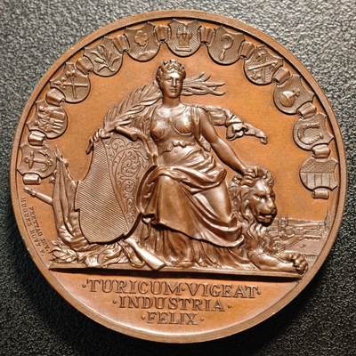 【德藏】世界币章拍卖第137期（拍品征集中~欢迎藏友联系） - 稀少品种！1892年 瑞士苏黎世射击节女神纪念大铜章 直径约：48mm；重约：62.4g 设计极其细腻 细节极其丰富