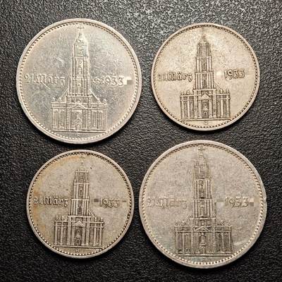 【德藏】世界币章拍卖第137期（拍品征集中~欢迎藏友联系） - 1934年 德国第三帝国教堂万字2马克5马克 各2枚 共4枚一组 直径约：24.9mm/2马克，29mm/5马克；重约：7.9g/2马克，13.8g/5马克（原图请联系客服）
