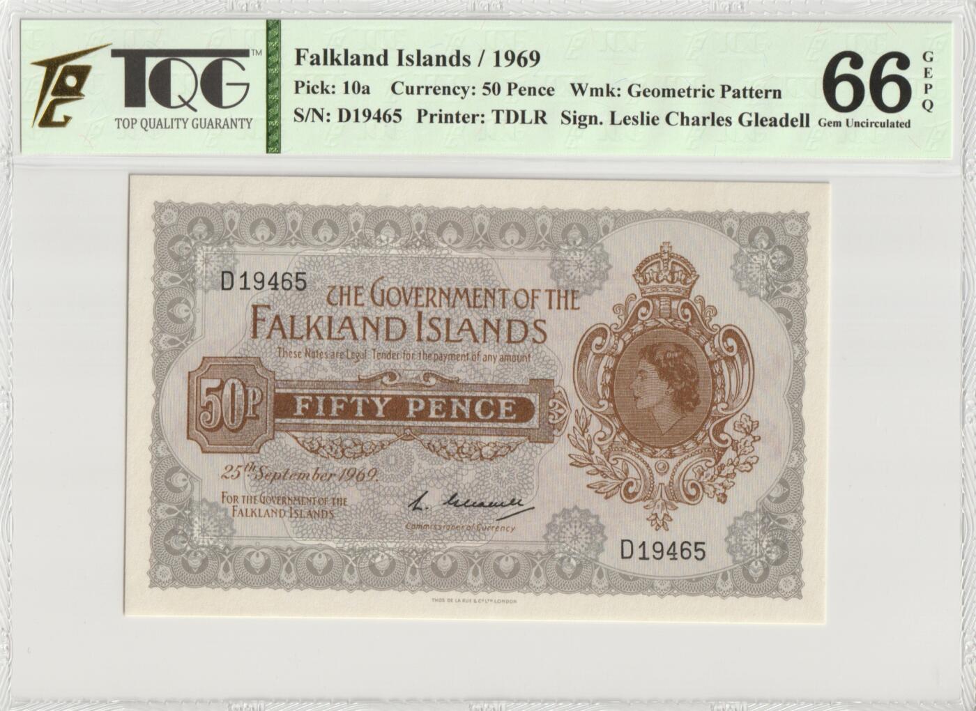 PThappally收藏第51次拍卖，英联邦地区硬币纸币 福克兰群岛 年份 1969, 50 Pence 全新的 纸币 克劳斯目录编号: 10a, 签名: Leslie, 认证于: TQG 66 GEPQ Gem UNC
