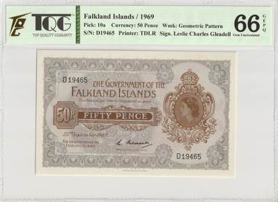 PThappally收藏第51次拍卖，英联邦地区硬币纸币 - 福克兰群岛 年份 1969, 50 Pence 全新的 纸币 克劳斯目录编号: 10a, 签名: Leslie, 认证于: TQG 66 GEPQ Gem UNC