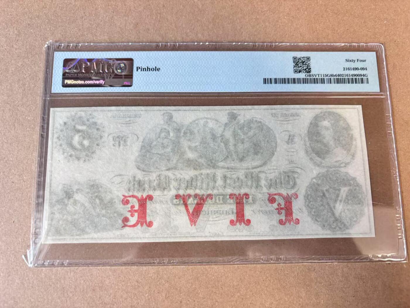 【七百期大拍 拍品火热征集中】✨Blue Auction 世界纸币精拍第693期【精】 美国 佛蒙特州 1860年代 5美金 设计精美 大票幅 PMG64