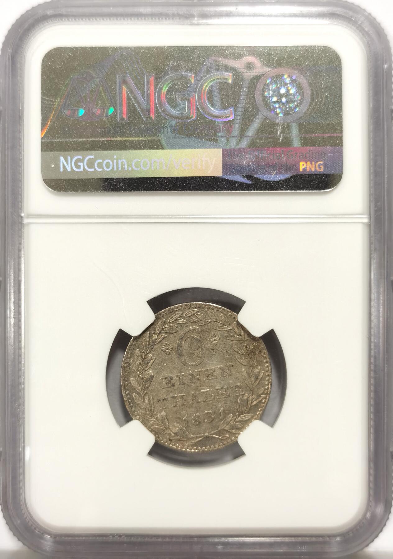 博洋堂世界钱币拍卖第130期（全场包邮） NGC AU 德国黑森-卡塞尔1831年1/6泰勒银币，少见品种