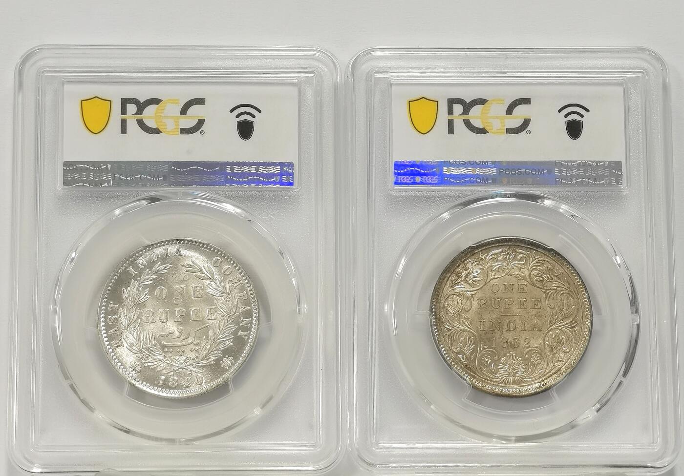 博洋堂世界钱币拍卖第130期（全场包邮） PCGS MS62 英属印度1840、1862年维多利亚1卢比银币2枚一对