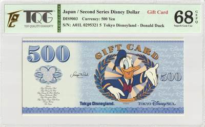 PThappally收藏第51次拍卖，英联邦地区硬币纸币 - 日本 年份?, 全新的 Disney Dollar 500 Yen Gift Card, TOKYO, 认证于: TQG 68 GEPQ Superb Gem UNC