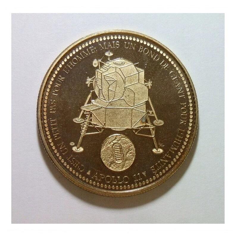 美国1969年 阿波罗11号+阿姆斯特朗登月 高浮雕精制大镀金章 月球一小步 人类一大步 40MM