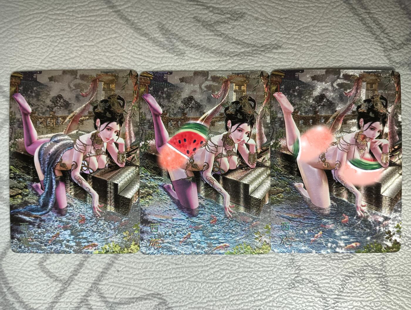花开卡拍第30期（7月13号周日截拍，品控勿拍!!!拍品不寄存，运费5元，自制卡难免瑕疵，可能存在轻微撞角爆边等出厂瑕疵，品控介意勿拍！） 焱卡文化巴丁绝色绘卷西施 粗闪三服饰，第三渐变有出厂瑕疵麻子小坑腿介意勿拍