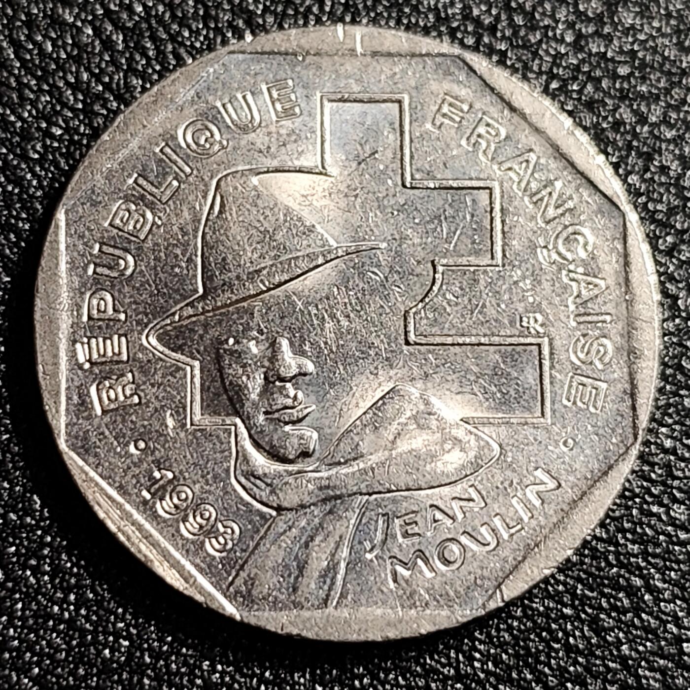 泉币菌-第49场-周末精品场 原光UNC 法国1993年2法郎 让·穆兰纪念镍币26.5mm