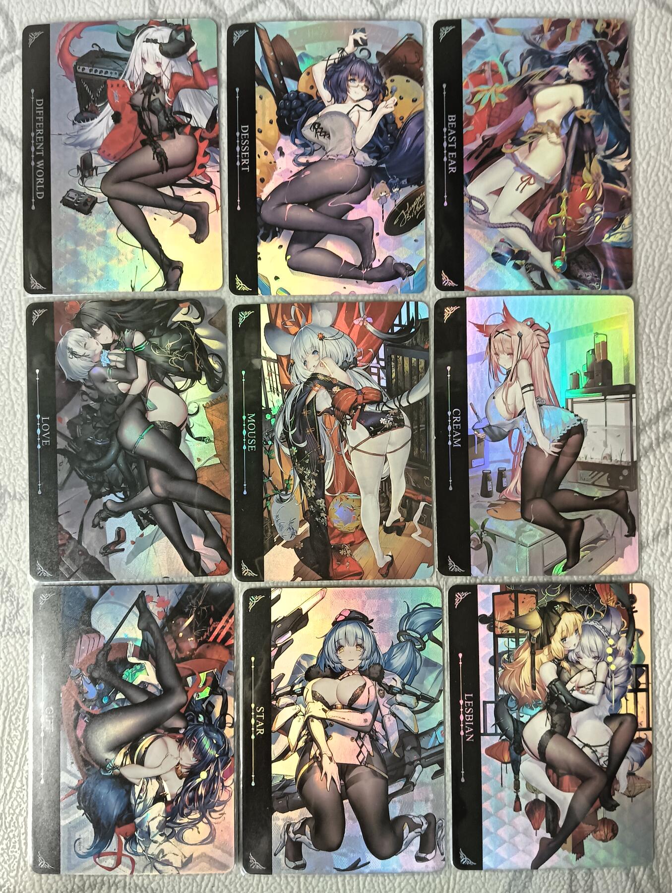 花开卡拍第30期（7月13号周日截拍，品控勿拍!!!拍品不寄存，运费5元，自制卡难免瑕疵，可能存在轻微撞角爆边等出厂瑕疵，品控介意勿拍！） 驴歪歪卡牌 长腿黑丝妹卡一套9张 折光彩闪