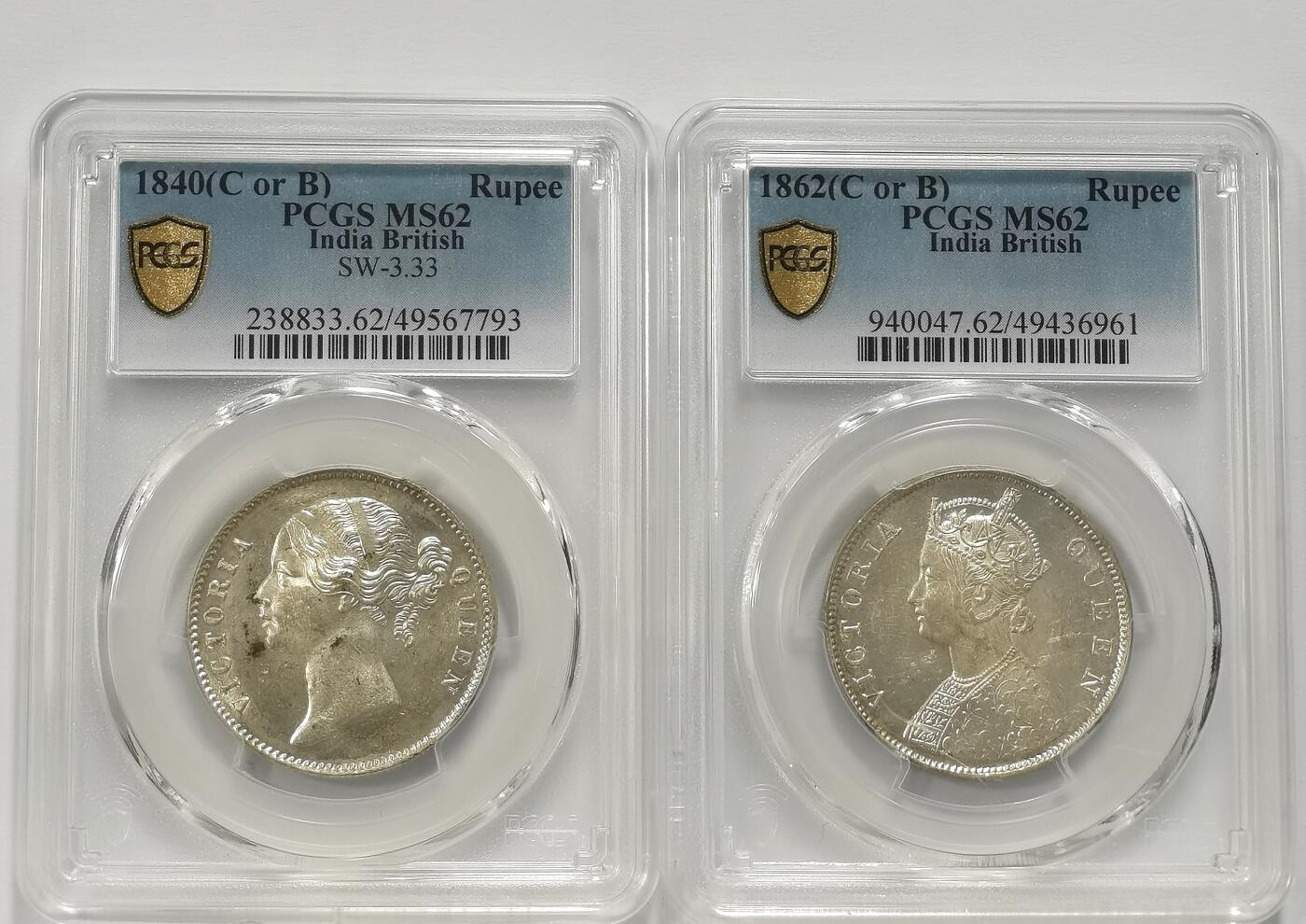 博洋堂世界钱币拍卖第130期（全场包邮） PCGS MS62 英属印度1840、1862年维多利亚1卢比银币2枚一对