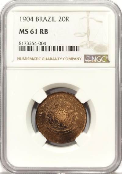 博洋堂世界钱币拍卖第130期（全场包邮） - NGC MS61RB 巴西1904年20R铜币