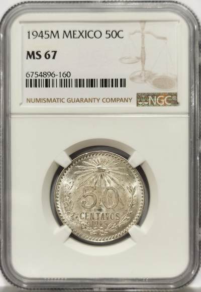 博洋堂世界钱币拍卖第130期（全场包邮） - NGC MS67 墨西哥1945年1比索鹰洋银币，极致高分