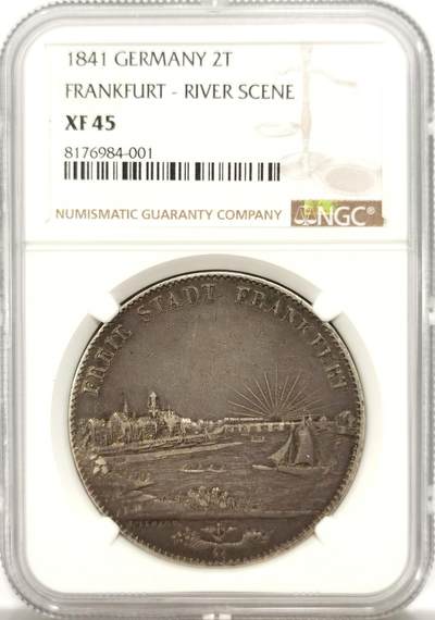 博洋堂世界钱币拍卖第130期（全场包邮） - NGC XF45 德国法兰克福1841年城市景观2泰勒大银币，原味包浆一流