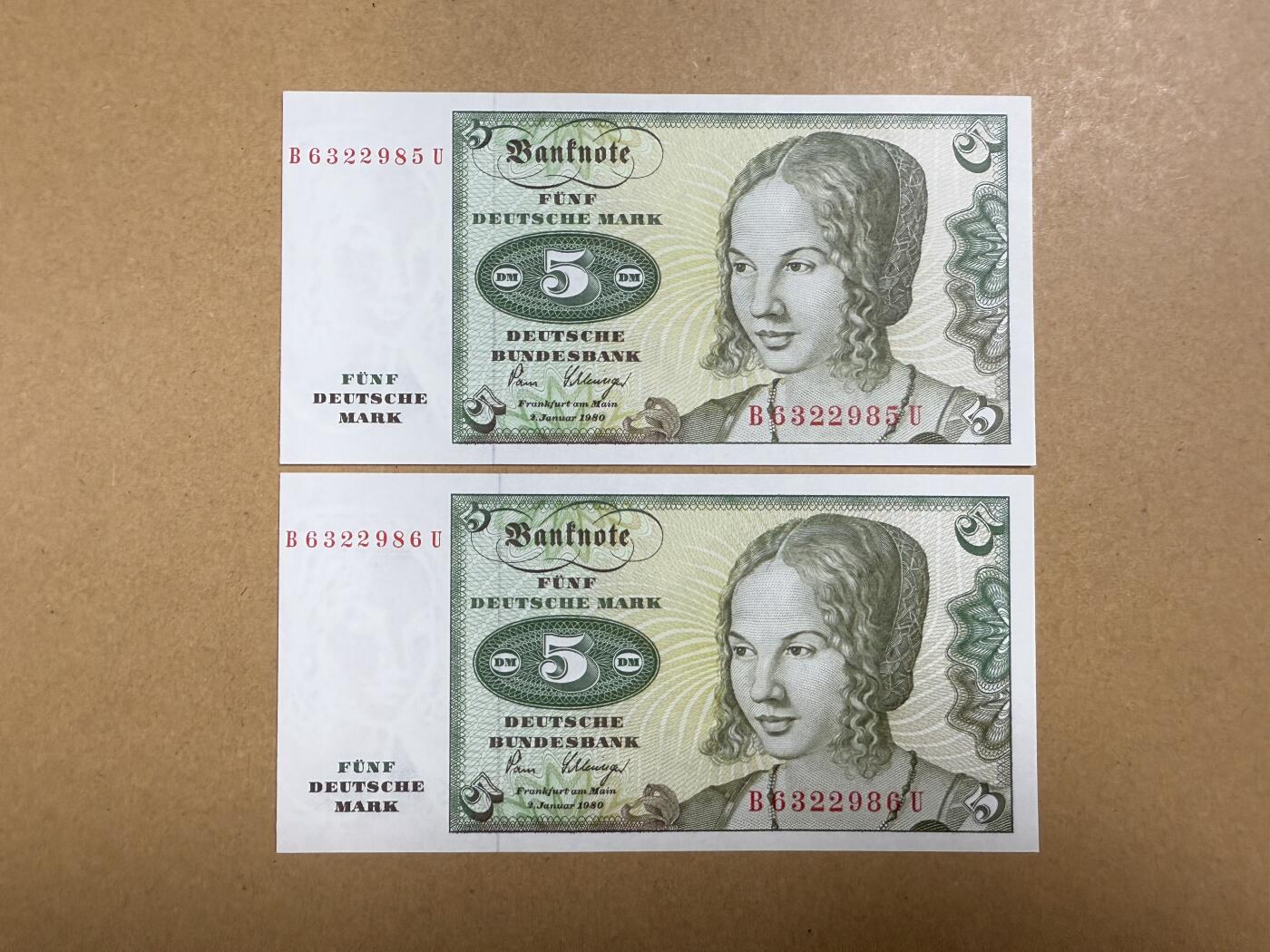 《艾美收藏》第204期-7.13周日外币精选 德国5马克2张 UNC 1980年连号2张 无47