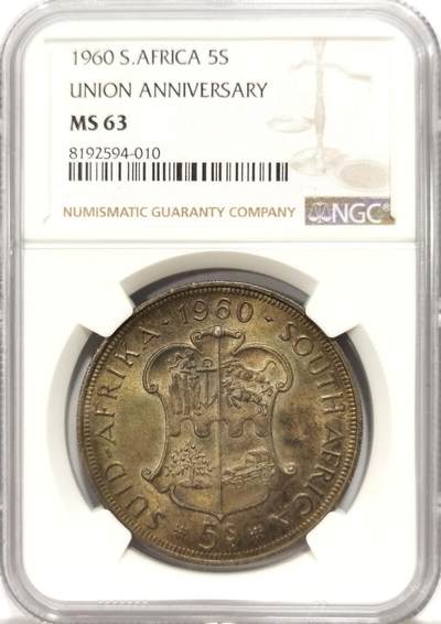 博洋堂世界钱币拍卖第130期（全场包邮） - NGC MS63 南非1960年联盟成立50周年5先令大银币