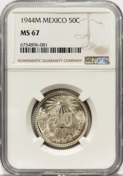博洋堂世界钱币拍卖第130期（全场包邮） - NGC MS67 墨西哥1944年1比索鹰洋银币，极致高分