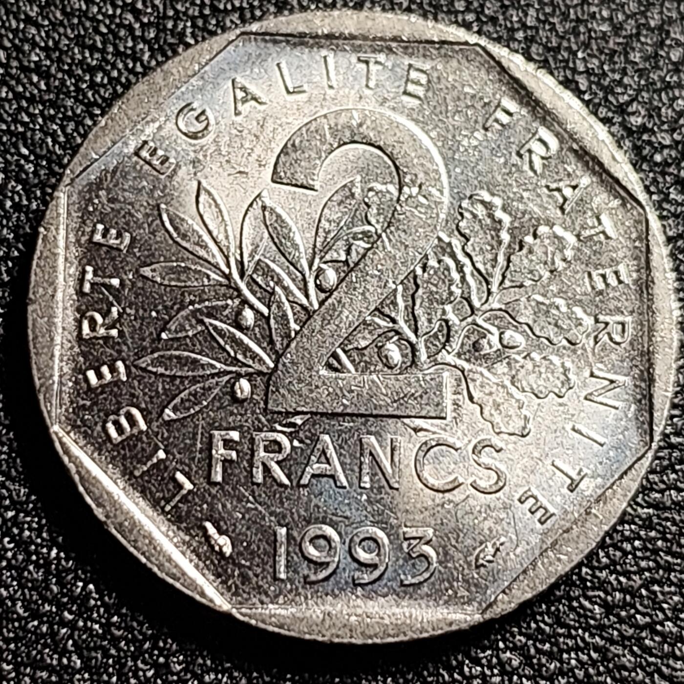 泉币菌-第49场-周末精品场 少见 原光UNC 法国1993年2法郎 让穆林 人物 纪念币 铜镍硬币 26.5mm 7.5g