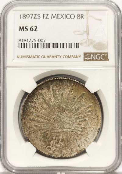 博洋堂世界钱币拍卖第130期（全场包邮） - NGC MS62 墨西哥花边鹰洋ZS 1897 FZ 8里亚尔 亚光静素 窖藏彩