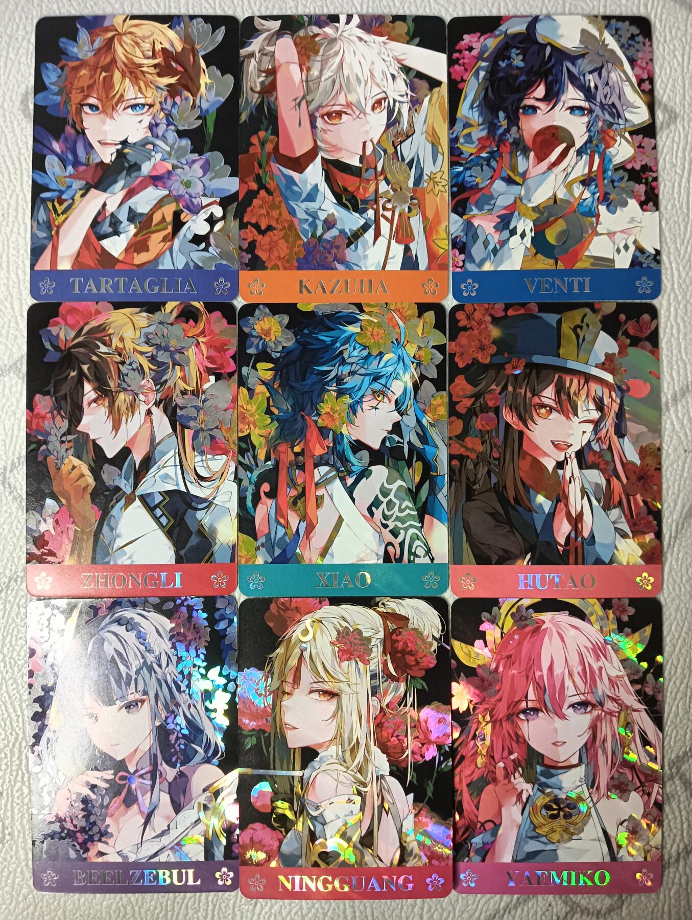 花开卡拍第30期（7月13号周日截拍，品控勿拍!!!拍品不寄存，运费5元，自制卡难免瑕疵，可能存在轻微撞角爆边等出厂瑕疵，品控介意勿拍！） 驴歪歪 原神繁花 斜光彩闪套卡9张