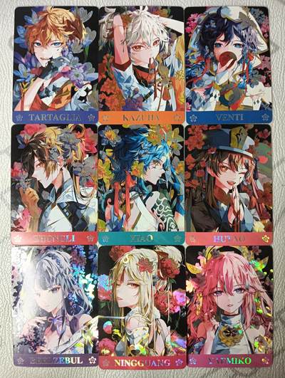 花开卡拍第30期（7月13号周日截拍，品控勿拍!!!拍品不寄存，运费5元，自制卡难免瑕疵，可能存在轻微撞角爆边等出厂瑕疵，品控介意勿拍！） - 驴歪歪 原神繁花 斜光彩闪套卡9张