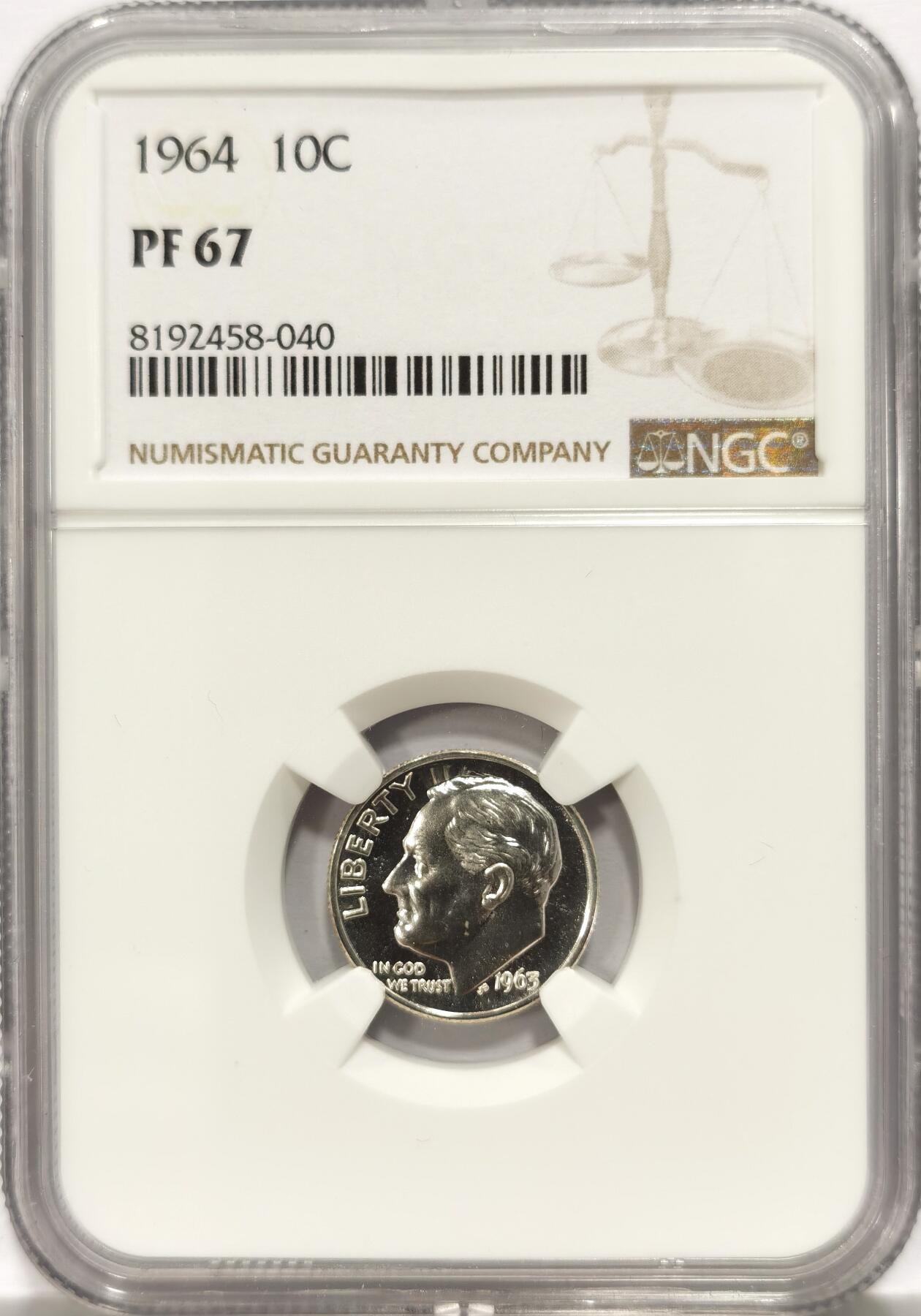 博洋堂世界钱币拍卖第130期（全场包邮） NGC PF67 美国1964年罗斯福10分银币，高分镜面