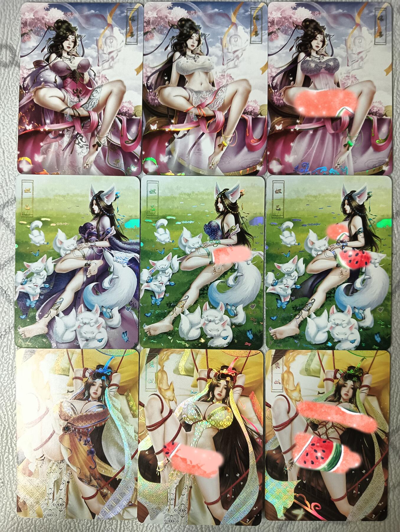 花开卡拍第30期（7月13号周日截拍，品控勿拍!!!拍品不寄存，运费5元，自制卡难免瑕疵，可能存在轻微撞角爆边等出厂瑕疵，品控介意勿拍！） 绘天阁妍华传 第一弹三人物 彩闪三渐变9张