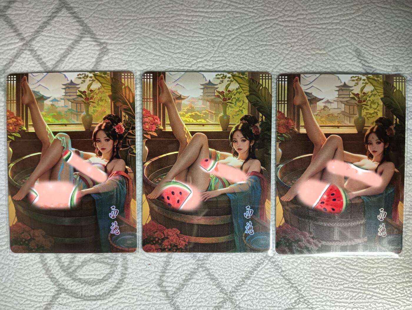 花开卡拍第30期（7月13号周日截拍，品控勿拍!!!拍品不寄存，运费5元，自制卡难免瑕疵，可能存在轻微撞角爆边等出厂瑕疵，品控介意勿拍！） 鸡腿卡牌 佳人录 西施3渐变 彩闪