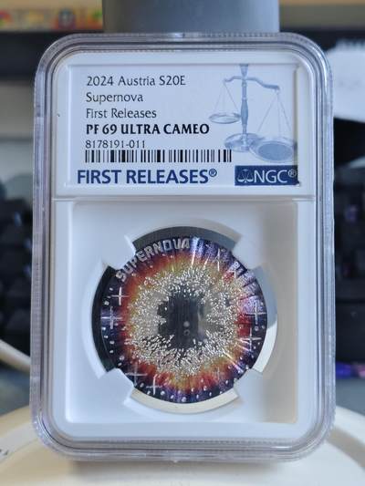 第165期拍卖【长期征集拍品】 - 奥地利2024年宇宙之美超新星凹凸面银币NGC-PF69首原盒证书，925银，22.42克，发行30000枚。裸币价格900