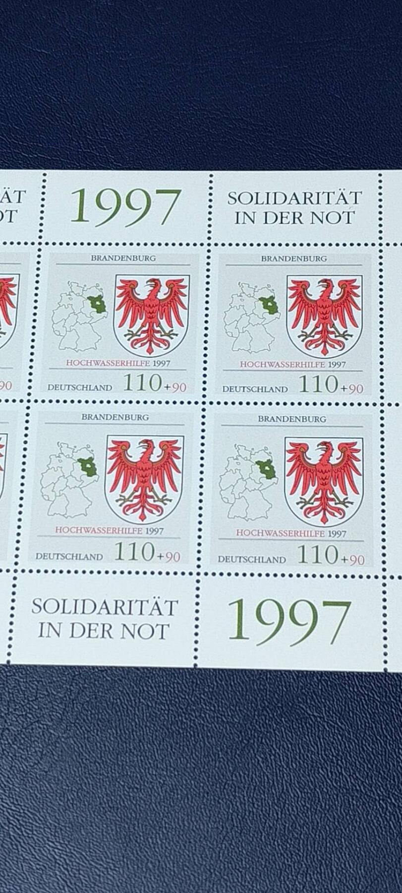 德国邮票专场，都是版票 德国小版票，1997年发行，抗洪救灾  布兰登堡州地图徽志 小版张，品相如图