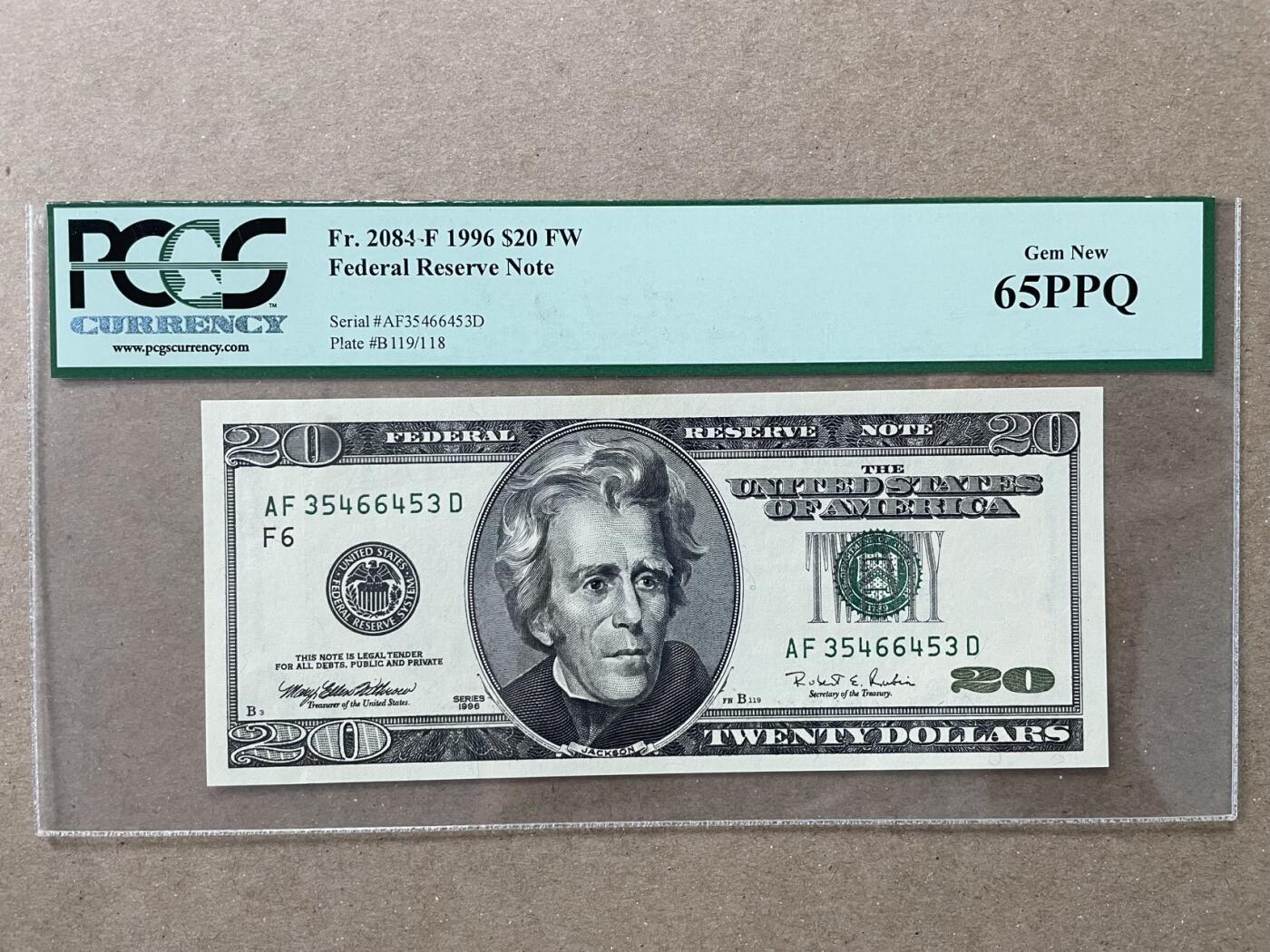 美国1996年大头版20美元 亚特兰大分行 PCGS65PPQ 雷达号AF35466453D 
