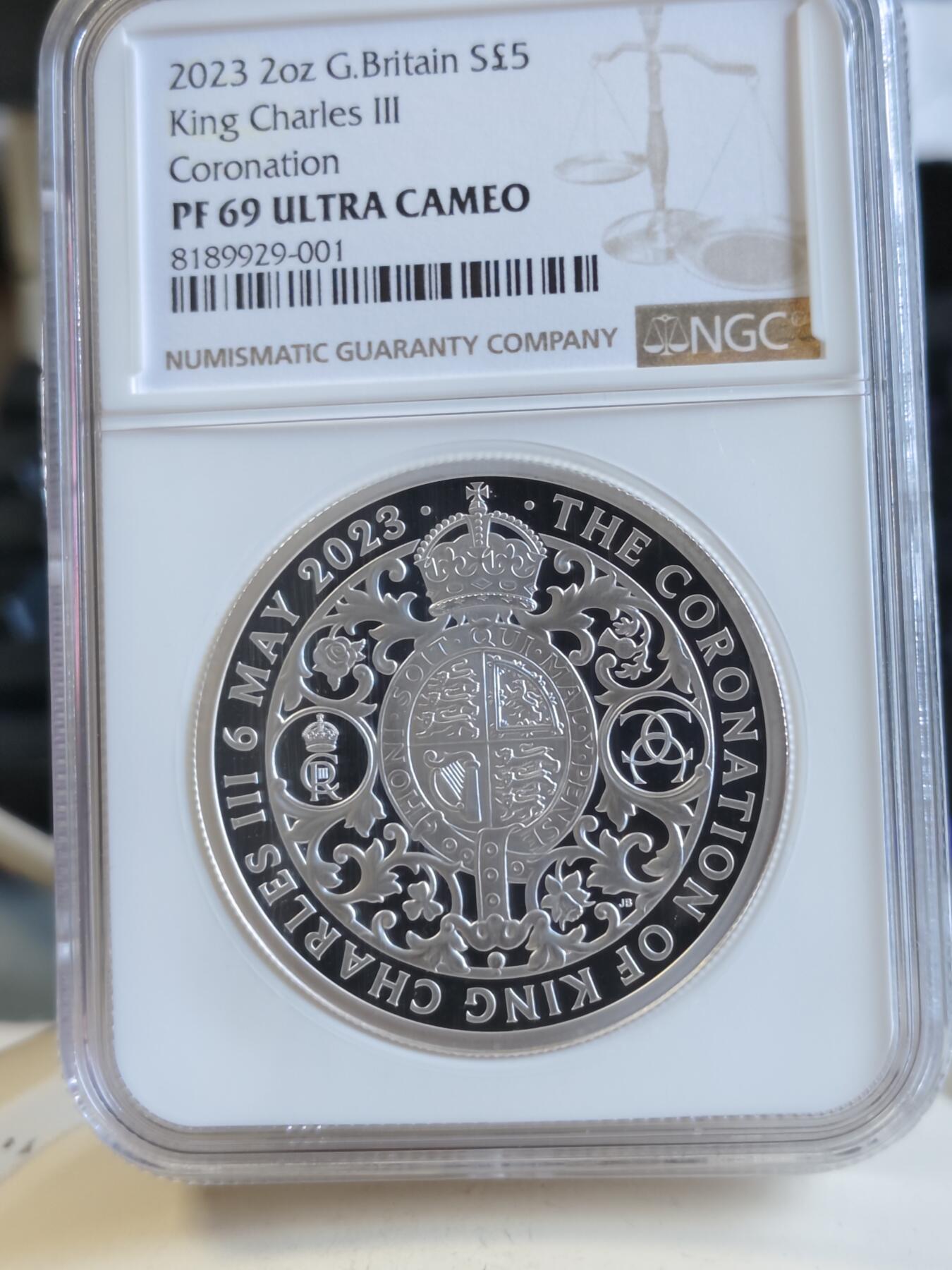 第165期拍卖【长期征集拍品】 英国2023年查尔斯三世加冕2盎司银币NGC-PF69无盒无证书,2盎司，999银