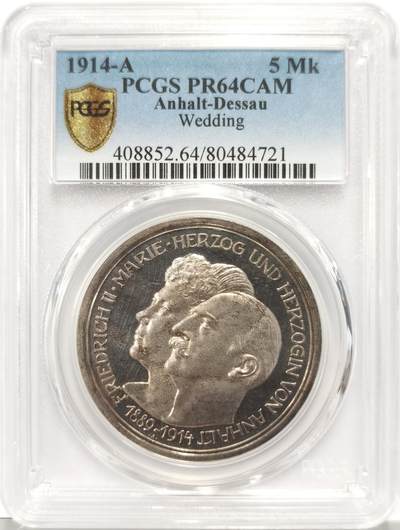 博洋堂世界钱币拍卖第130期（全场包邮） - PCGS PR64CAM 德国1914年安哈特德绍结婚纪念5马克精制银币。超强凝霜质感，有机会冲DCAM的一枚。最近高分精制德系马克价格一路上扬，高分带cam外拍更是超级抢手。麦稀奇同分去年就已经达到8500元左右了
